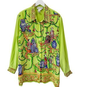 Diane Gilman Silk Top Chinese Sequins Blouse Colorful Maximalist Statement 2X